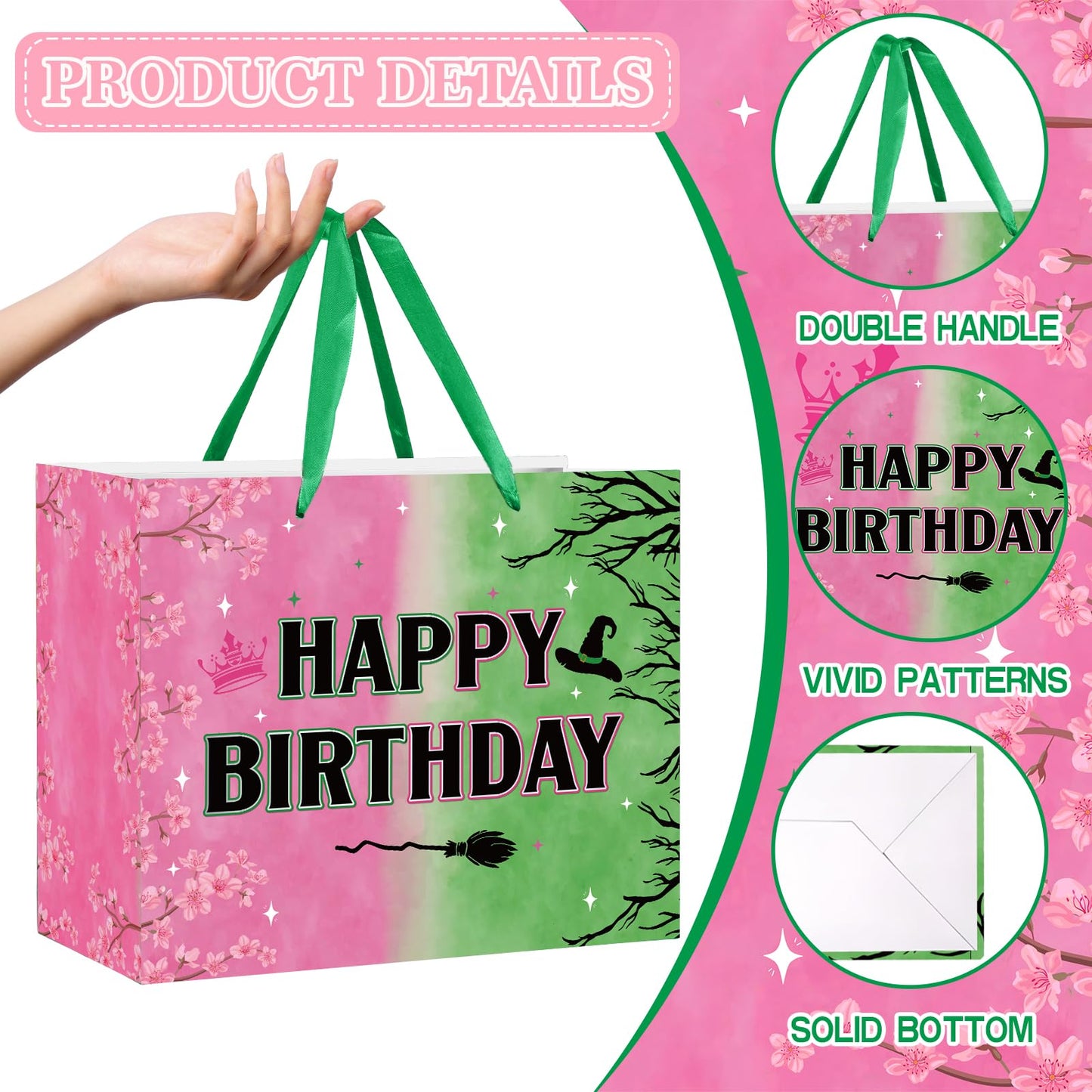 aqwithaj Witch Birthday Gift Bag for Girl Pink And Green Birthday Bag with Wrapping Paper and Greeting Card Musical Witch Hat Crown Movie Theme Paper Bags Gift Box for Friendship Bday Party Supplies