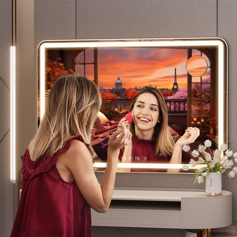 Hasipu Vanity Mirror with Lights and Bluetooth Speaker, 32" x 22" LED Makeup Mirror, Lighted Makeup Mirror with Dimmable 3 Modes, USB Charging Port, Round Black