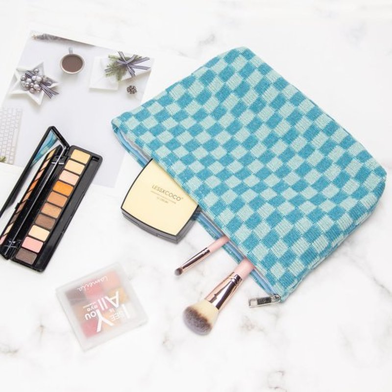 PAZIMIIK Knitted Checkered Makeup Bag Large Zipper Make Up Accessory Pouch for Purse Cosmetic Brush Bag for Travel Essential Lake Blue