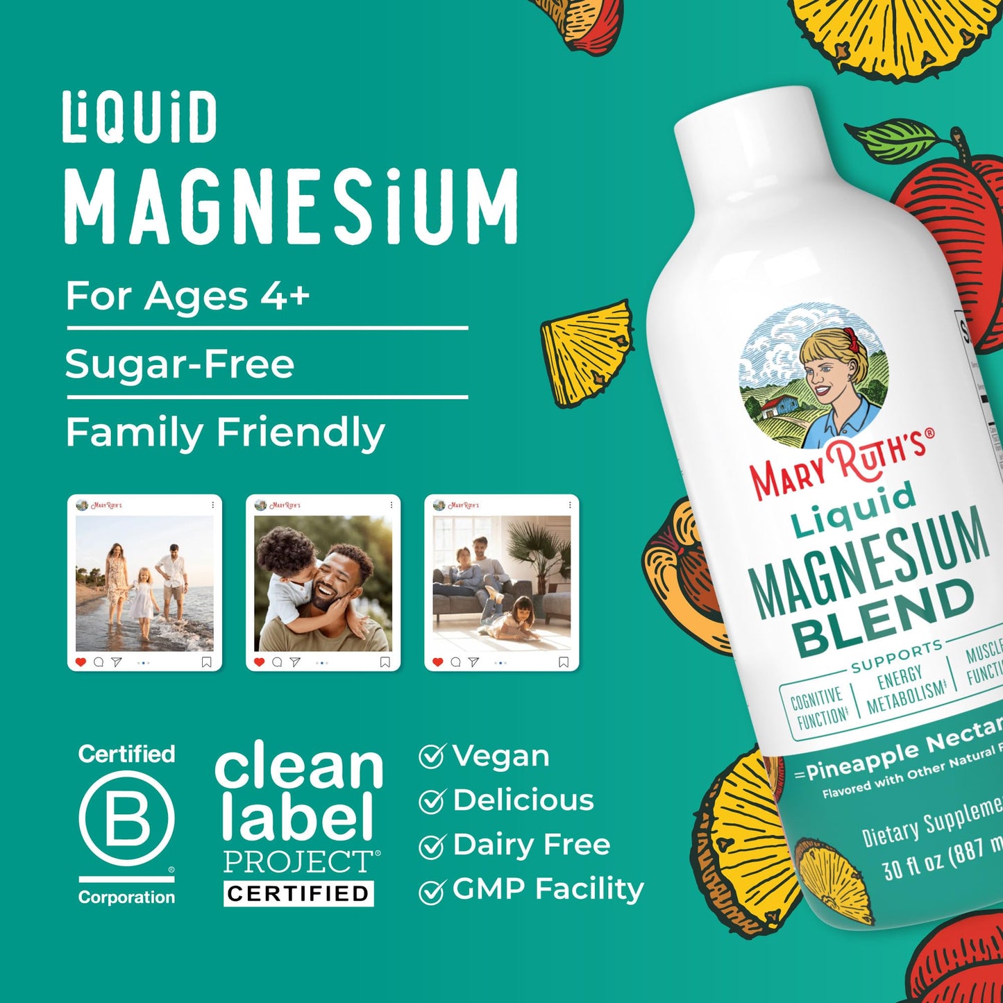 Liquid Magnesium Supplement by MaryRuth's | Magnesium Complex with Magnesium Glycerophosphate + Magnesium Bisglycinate + Taurate + Malate | Ages 4+ | Cognitive Function | Bone Health | Vegan | 30oz