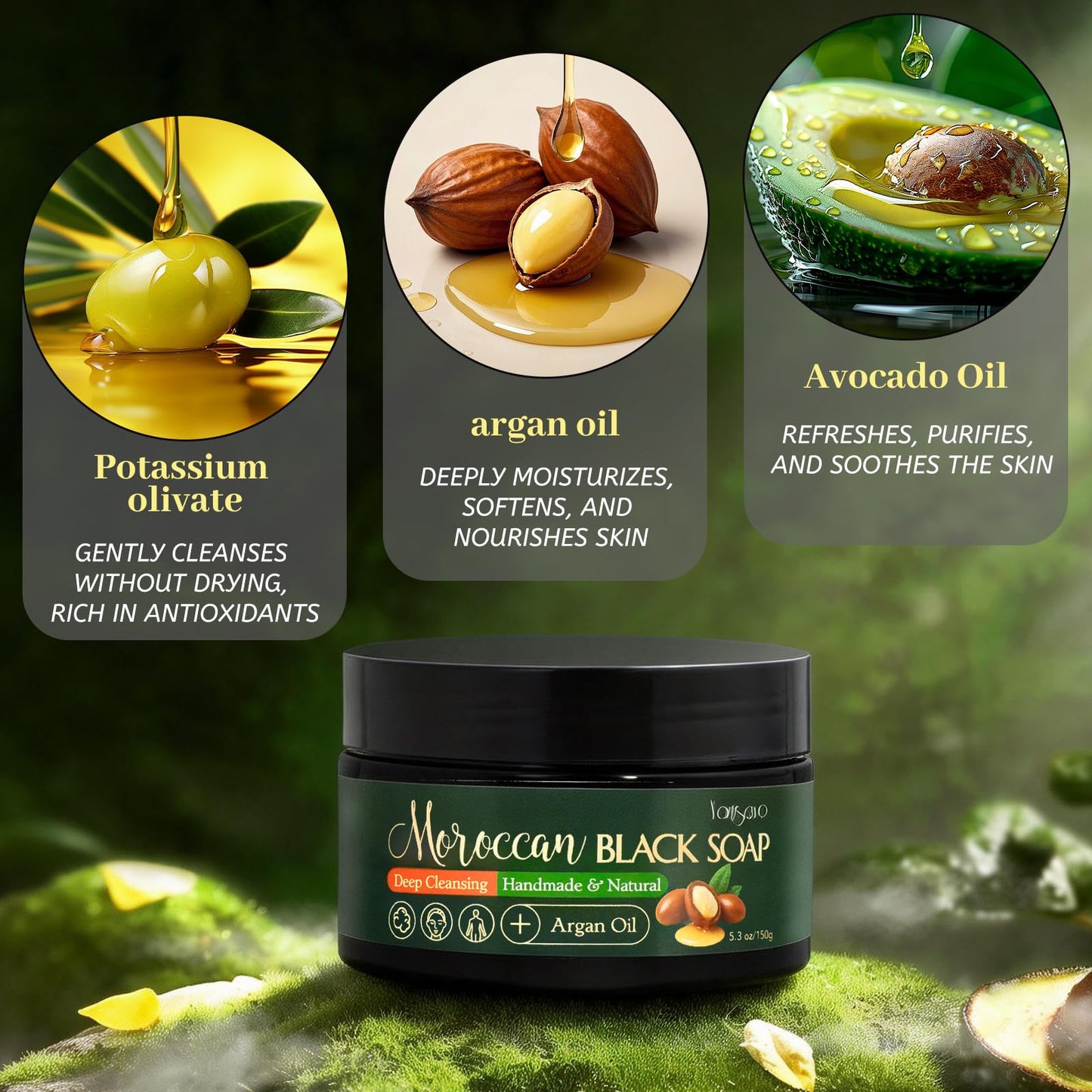 yonisayo 2 Packs Moroccan Black Soap, Natural Black Beldi Soap with Argan Oil, Handmade Cleanser for Smooth, Soft Body Skin Care, Deep Cleansing Moroccan Hammam Body Wash with Moroccan Exfoliating