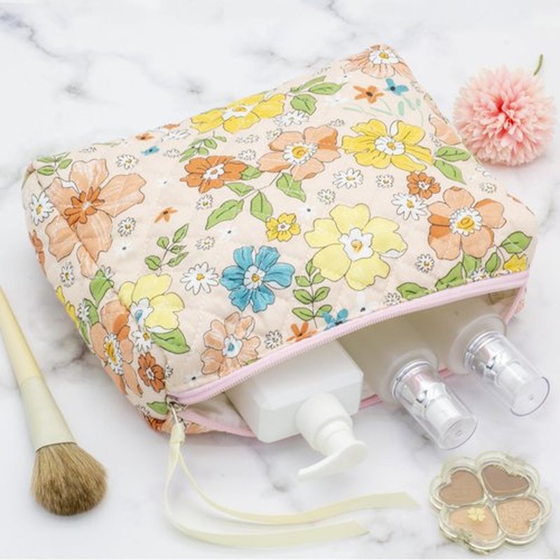 PAZIMIIK Cotton Makeup Bag for Women Large Quilted Travel Cosmetic Pouch Girls' Make Up Organizer,Floral Orange