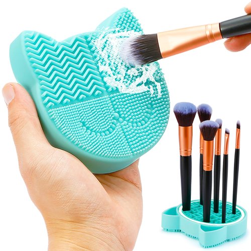 TailaiMei 2 in 1 Makeup Brush Cleaning Mat with Brush Drying Holder, Silicon Cat Shaped Brush Cleaner Pad include Cosmetic Brush Organizer Rack, Portable Washing Tool for Makeup (Green)