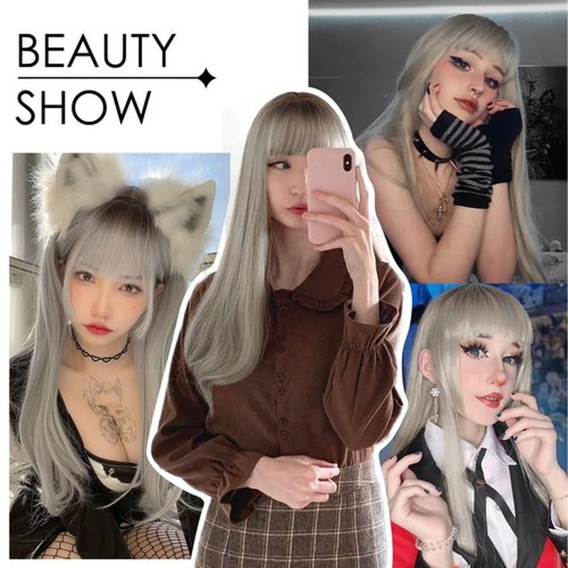 ENTRANCED STYLES Ombre Gray Wig with Bangs Long Straight Mixed Gray Wigs for Women Cosplay Wigs for Girl Natural Hairline Heat Resistant Synthetic Wig for Cosplay Halloween Party Daily