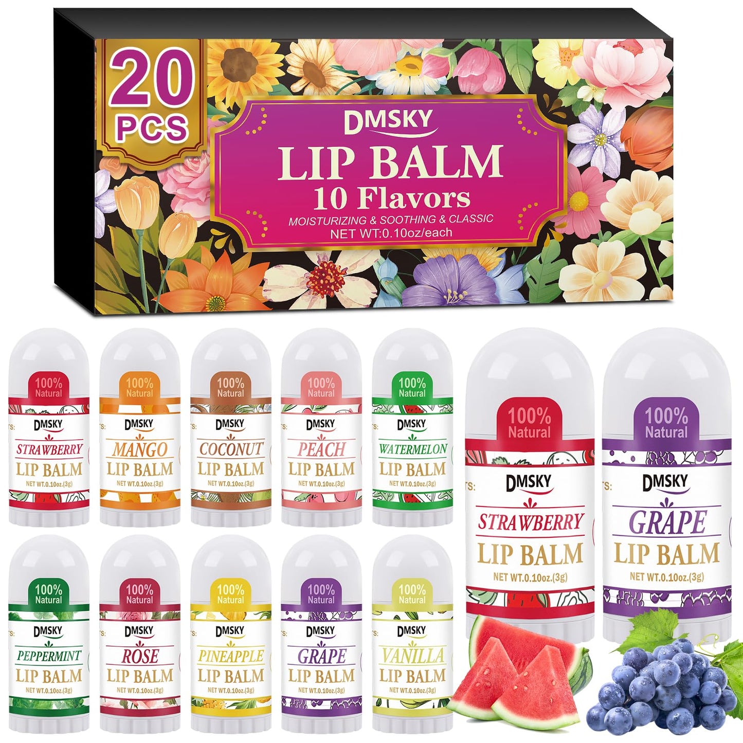 DMSKY Mini Lip Balm Bulk 60 Pack, Natural Lip Balm with Vitamin E and Coconut Oil, Perfect for Party Favors, Care Packages & Goodie Bags