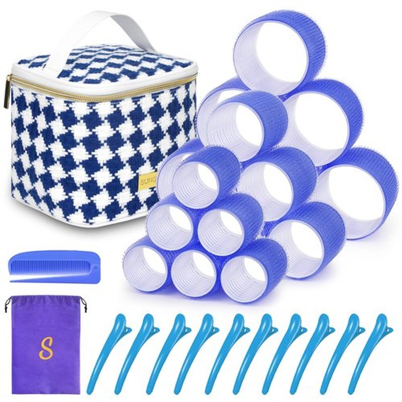 Hair Roller Set 18 pcs Heatless Self Grip Rollers With Clips and Comb, Salon Curlers for DIY Styles, 3 Blue Sizes in 1 Set by Sungenol