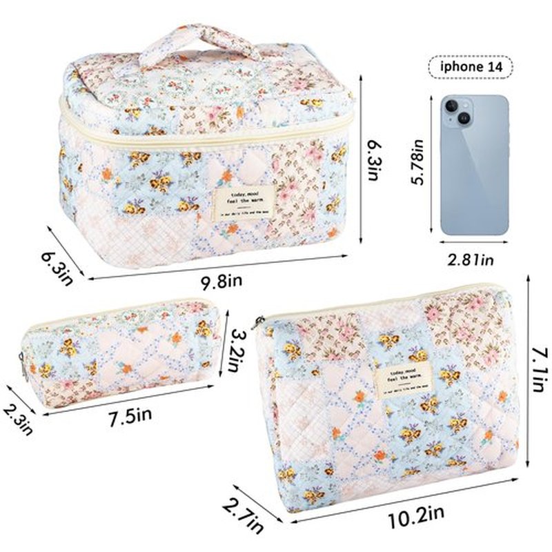 URSKYTOUS 3Pcs Cotton Quilted Makeup Bag for Women Girls Large Small Travel Floral Cosmetic Bags Set Cute Coquette Makeup Pouch for Purse Aesthetic Cloth Bee&Flower Storage Toiletry Bag Organizer