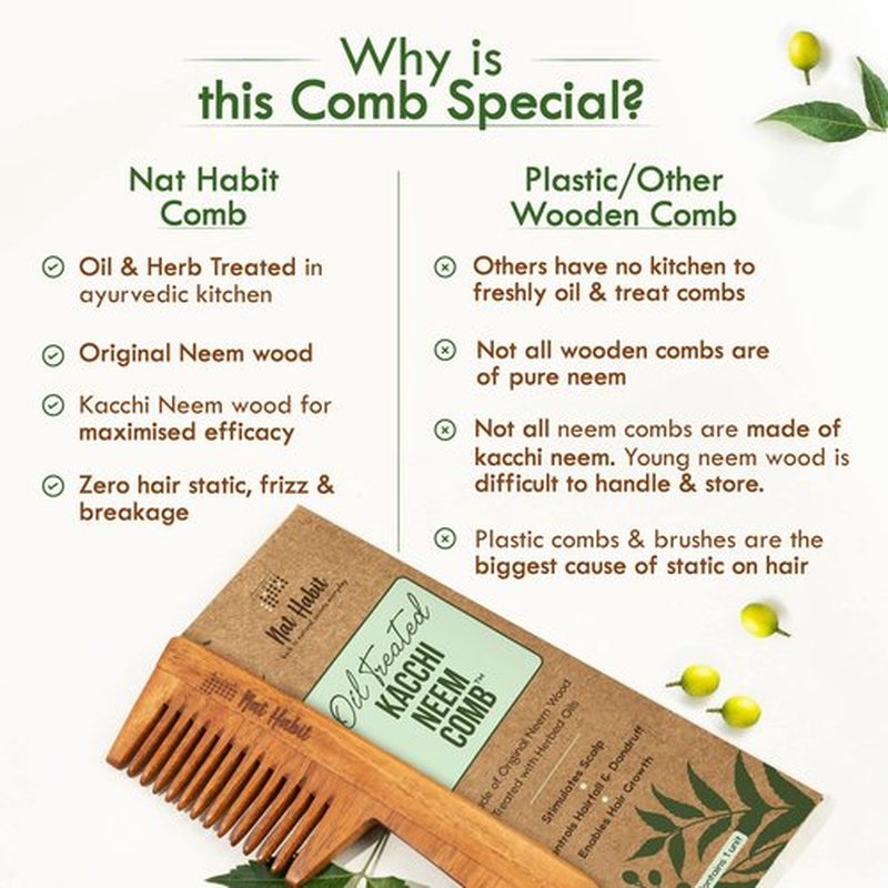 Nat Habit - Everyday Wide Tooth Wooden Kacchi Neem Comb & Hibiscus Hair Oil, With Castor, Coconut & Amla (Combo Pack Of 2)