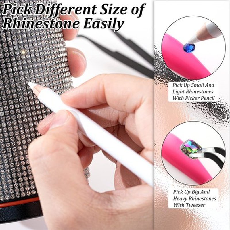 Rhinestones Picker Pencil for Nail Art Gem Crystal Pick up Tool 7-inch Rhinestone Pickup Pen 14Pcs with Pencil Sharpener 2Pcs + Tweezers 2Pcs