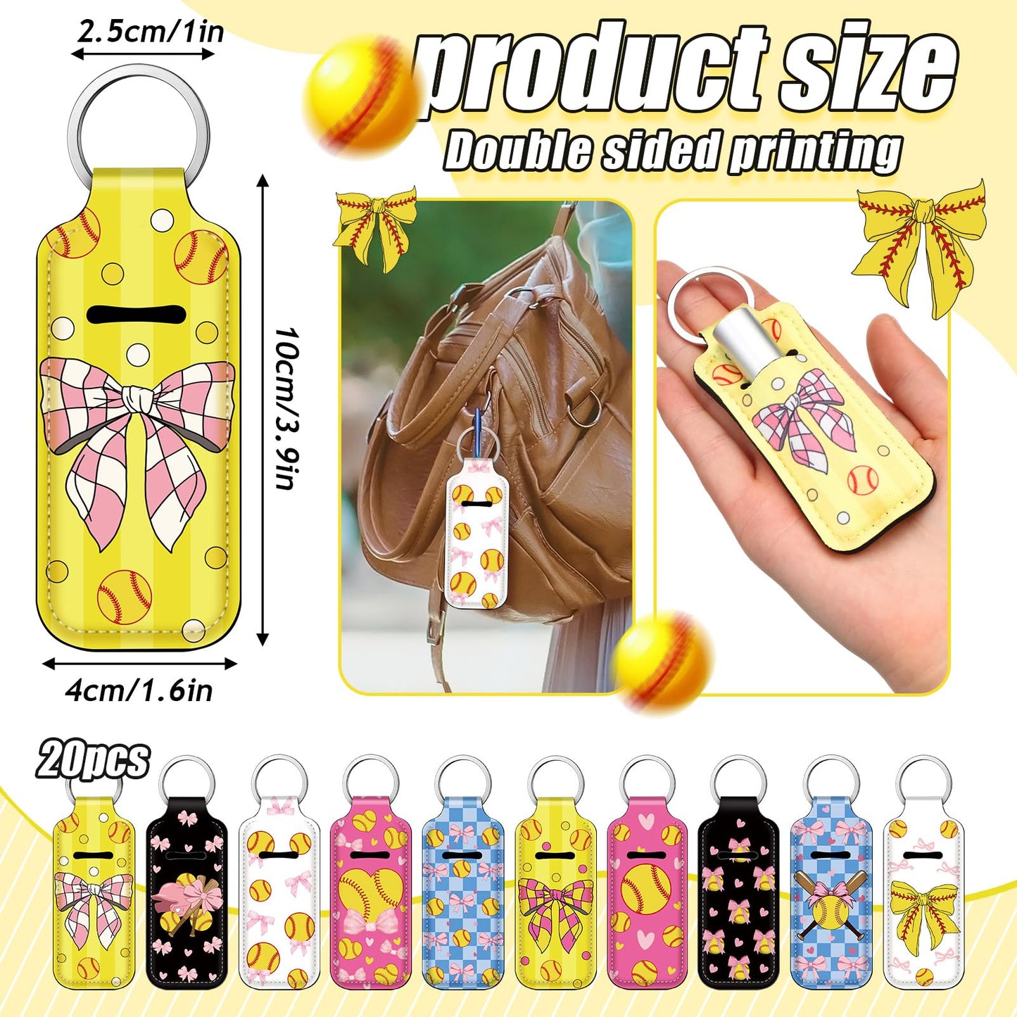 Ctosree 20 Pcs Coquette Softball Party Favors Lipstick Holder Keychains Bulk Softball Bow Lip Balm Holder Keychain Sport Ball Team Gifts Bulk for Sports Team Fans Birthday Party Supplies