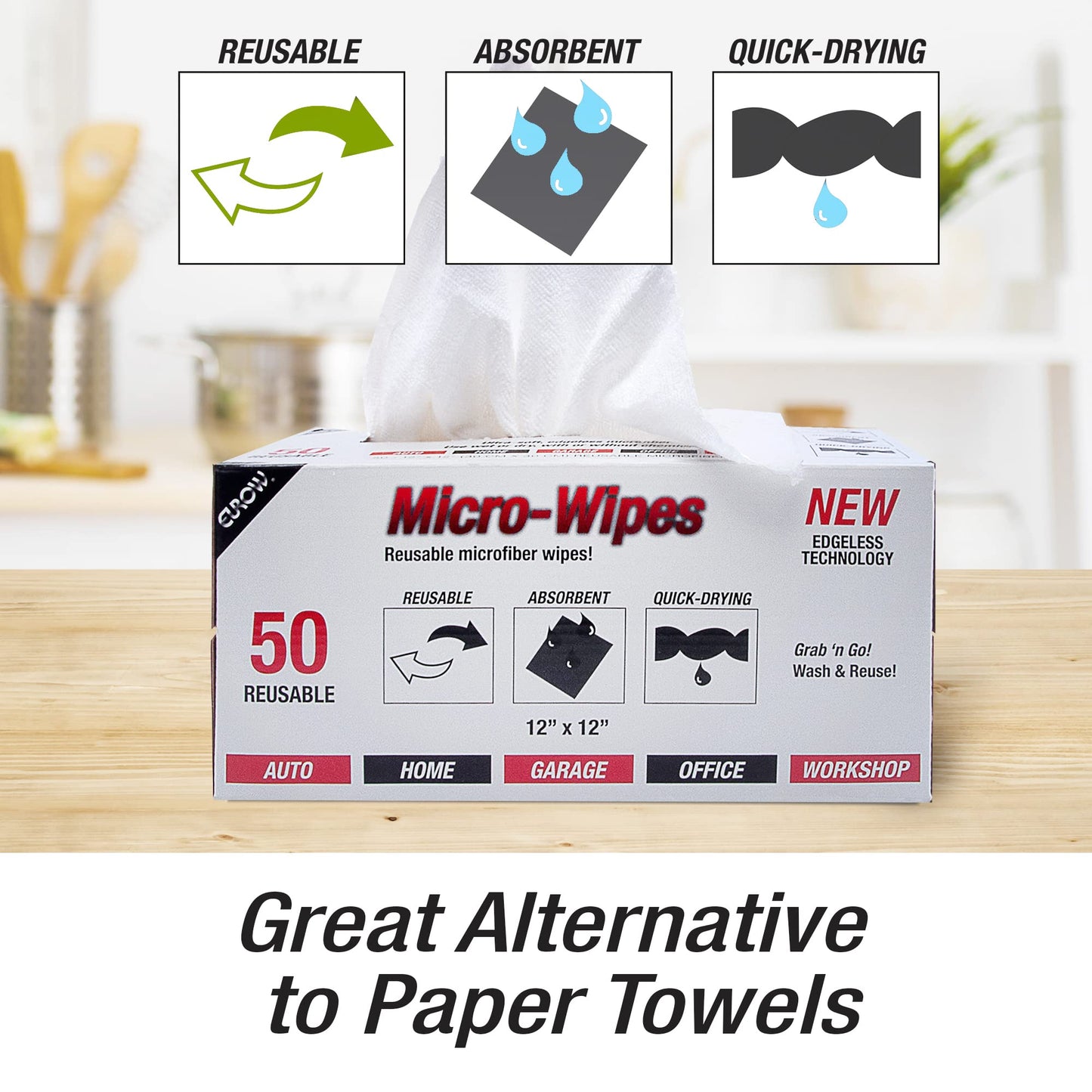 Eurow 200GSM Microfiber Cleaning and Drying Cloths with Dispenser Box, Reusable, Streak-Free, Scratch-Free, Ultra Absorbent, Edgeless for All Surface Types, 12x12in, 50-Pack, White