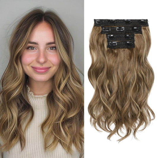 REECHO Hair Extensions, 4PCS Clip in Hair Extensions 14" Short Beach Wavy Hair Extensions Invisible Lace Weft Natural Soft Hairpieces for Women – Dark Ash Brown with Highlights