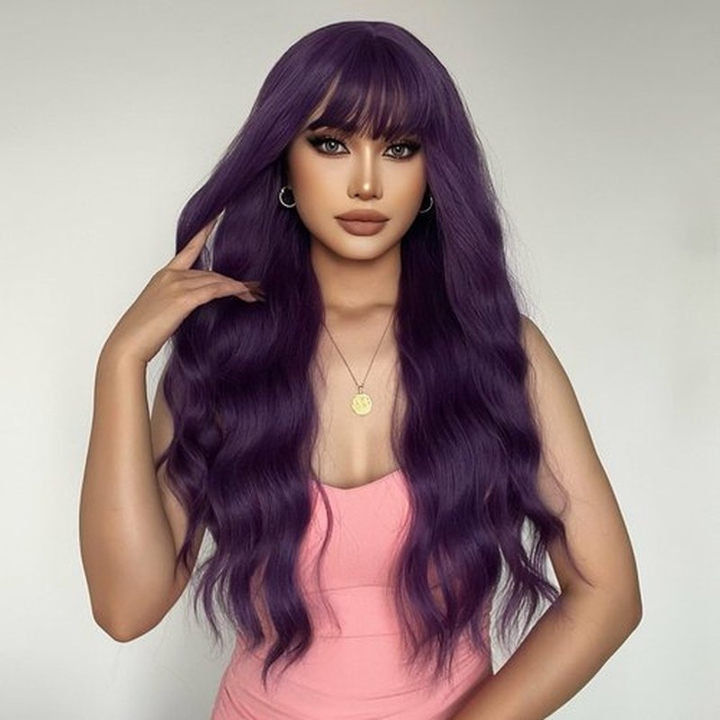 MAGQOO Dark Purple Wig Women Long Curly Wavy Purple Wig with Bangs Synthetic Heat Resistant