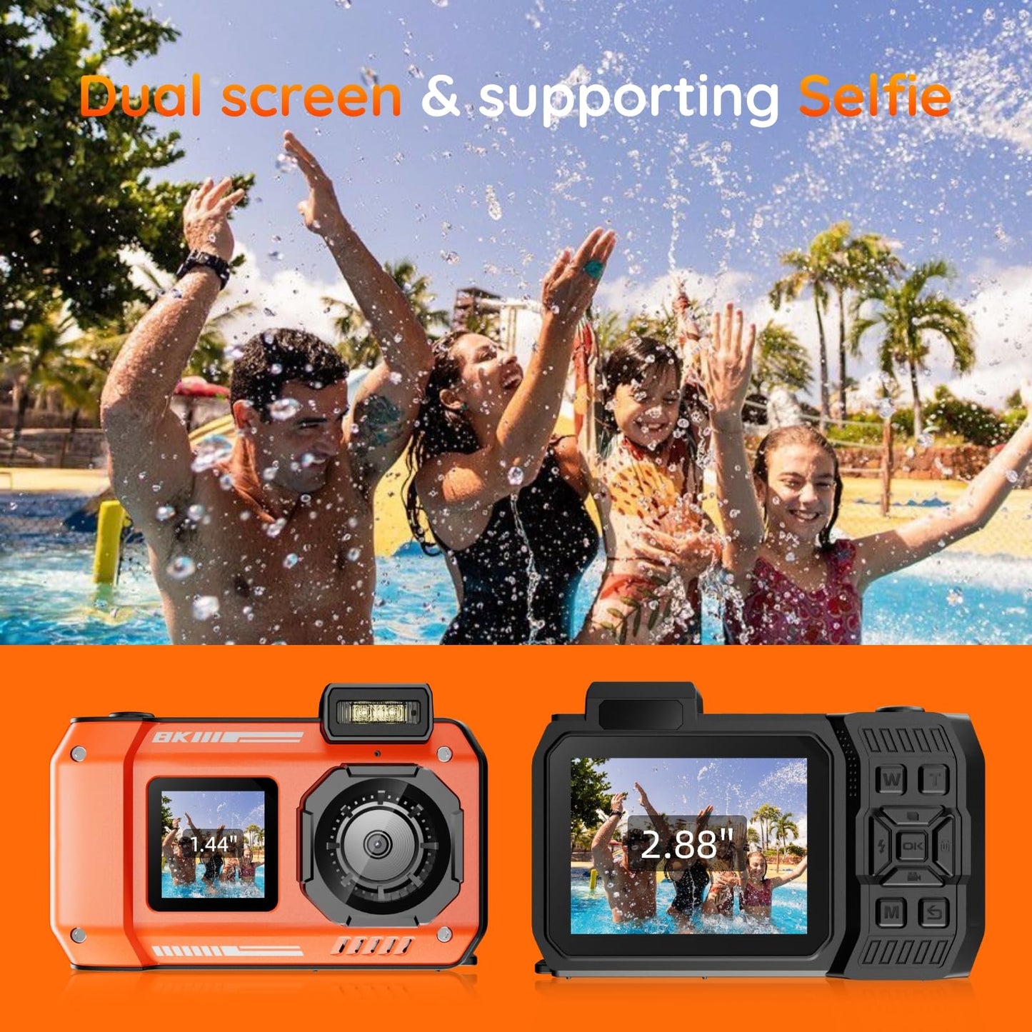8K Underwater Camera - MaxMango 70MP 33FT Waterproof Camera with 64G Card - Underwater Digital Camera for Snorkeling Floatable Dual-Screen Selfie 2500mAh Battery Point and Shoot Digital (Orange)