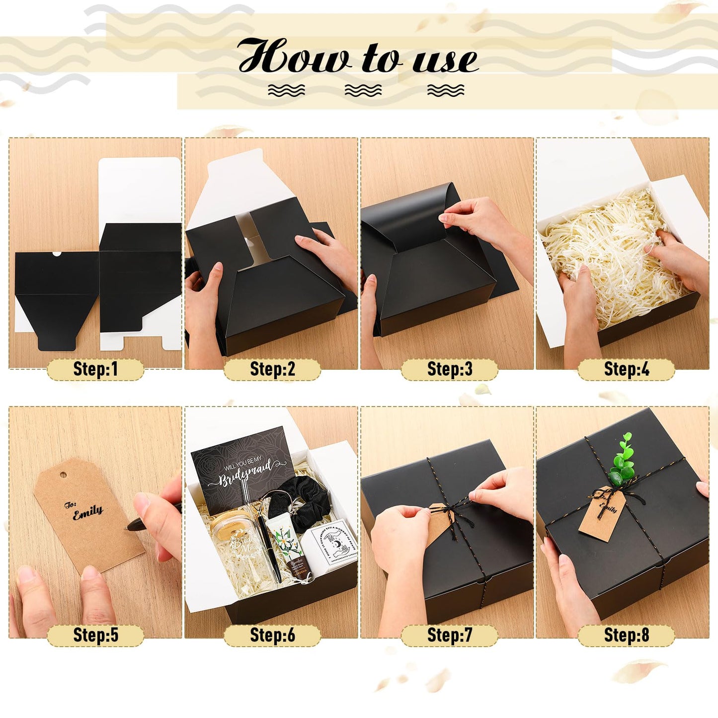 Teenyyou 60 Pcs Bridesmaid Proposal Gifts Bridesmaid Box Set, Maid of Honor Gifts Include Box Glass Cup Candle Cards Hair Ties Knotted Bracelets Hand Cream Diamond Pens(Black)