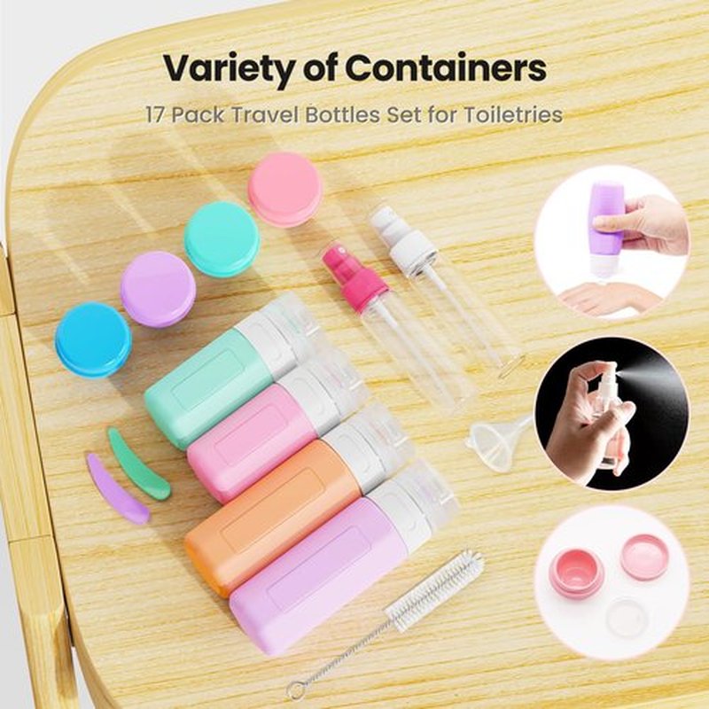 Ruinovate 17 Pack Travel Bottles for Toiletries, TSA Approved Travel Size Toiletries Bottles, Leak Proof Travel Size Containers, Travel Essentials for Body Wash, Shampoo, Lotion & Conditioner Pink