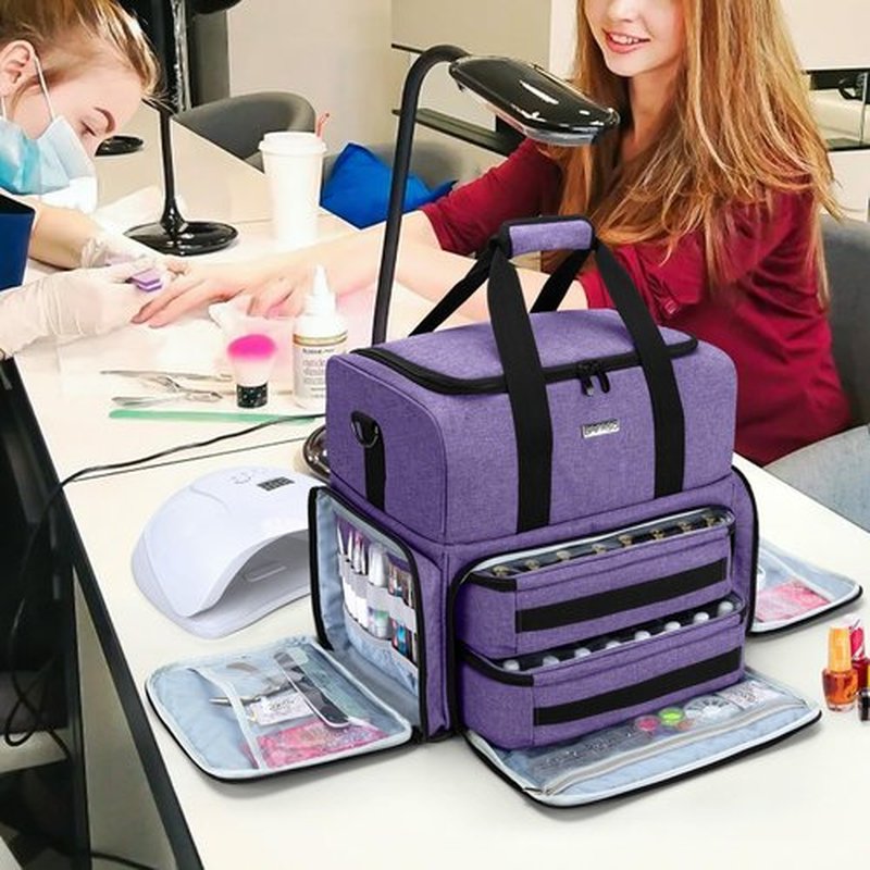 BAFASO Nail Polish Organizer Holds 80 Bottles (15ml - 0.5 fl.oz) and a UV Nail Lamp, Nail Polish Case with 2 Removable Pouches and Manicure Tools Storage Sections (Patented), Purple