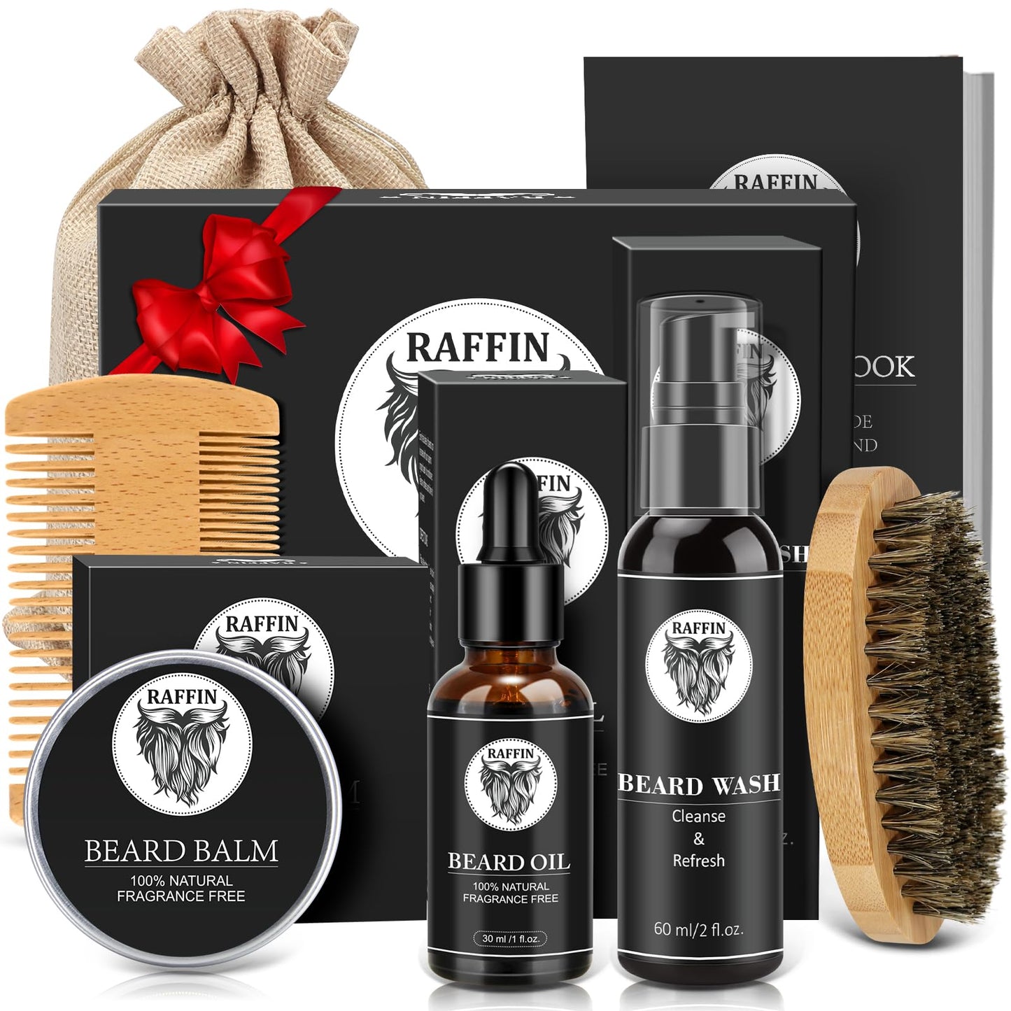 RAFFIN Beard Kit w/Beard Oil, Beard Balm, Beard Brush, Beard Comb, Beard Wash/Shampoo for Men's Self-care, Christmas & Stocking Stuffers for Adult Men, Birthday Gifts for Him Husband Boyfriend Dad