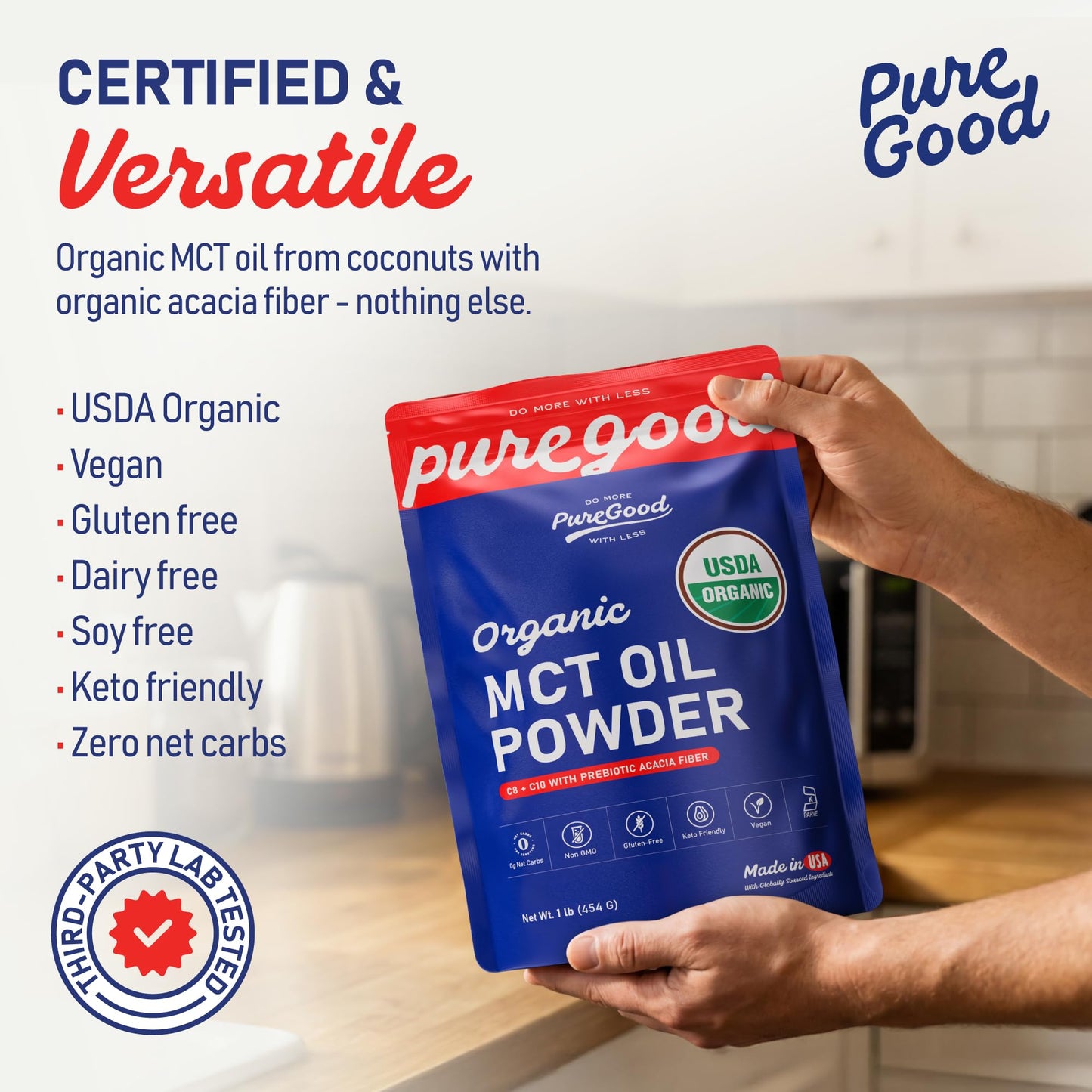 PureGood Organic MCT Oil Powder with Prebiotic Fiber, 1 Pound (16 oz) | C8 & C10 from Coconuts | MCT Oil Coffee Creamer, Unflavored | Non-GMO, Vegan, Kosher, Gluten Free