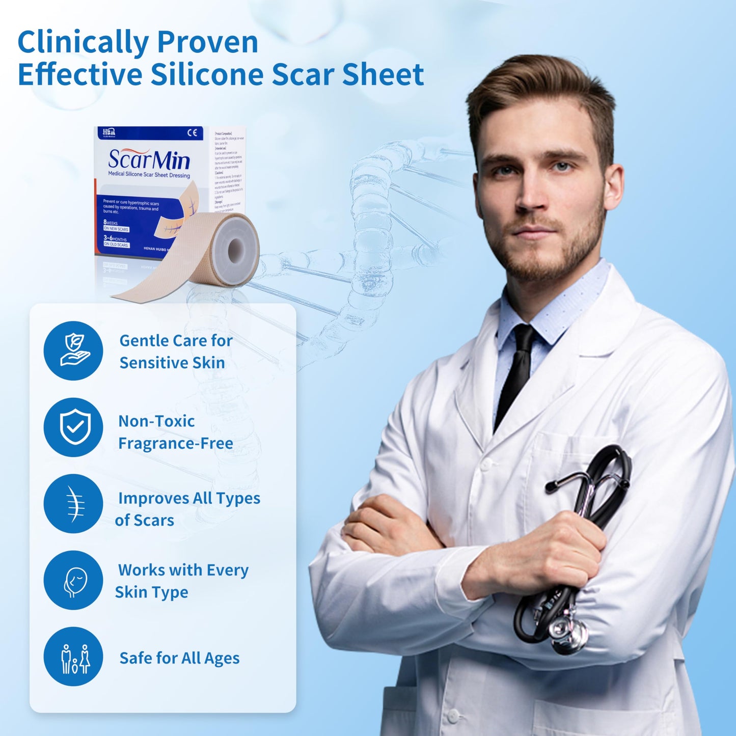HBM Medical Grade Silicone Scar Tape, Scar Silicone Strips,Silicone Scar Sheets for Surgical Scars, C-Section, Keloid, Burn, Acne, Reusable Scar Removal Tape for Old & New Scars (4 x 150 cm)