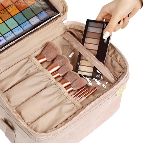 NISHEL Extra Large Double Layer Travel Makeup Bag Women, Cosmetic Organizer Case, Travel Essentials Accessories with Shoulder Strap for Bottles, Brushes, Conditioner, Skin Care Products, Pink