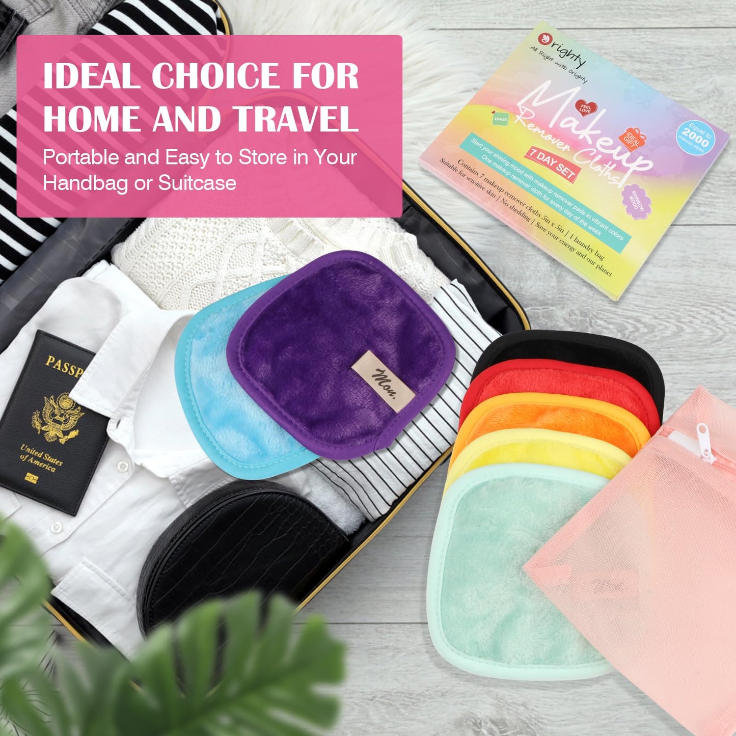 Orighty Makeup Remover Cloths 7-Day Set, Premium & Reusable Makeup Remover Pads, Erase Make-up With Just Water, Make-up Set For Eyes, Lips, Foundation and more, Ideal Choice For Women (Rainbow)