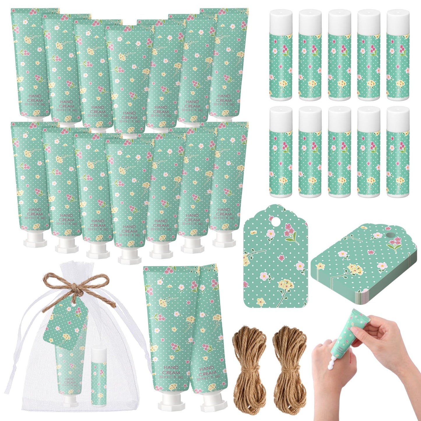 Loopeer 24 Sets / 96 Pcs Tea Party Hand Cream and Lip Balm Gift Flower Spring Party Favors for Guest Floral Flavor Travel Size Hand Lotion and Lip Balm Bulk Wedding Bridal Shower Birthday(Flower)