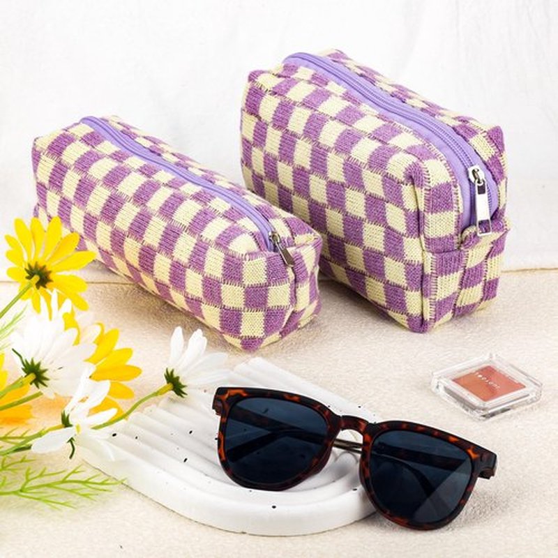 2Pcs Checkered Makeup Bag for Women Girls Pencil Pouch Travel Small Cosmetic Bag Set Cute Makeup Pouch Purse Pencil Case Pencil Bag Zippered Toiletry Bag Organizer Preppy Trendy Storage Bag(Purple)