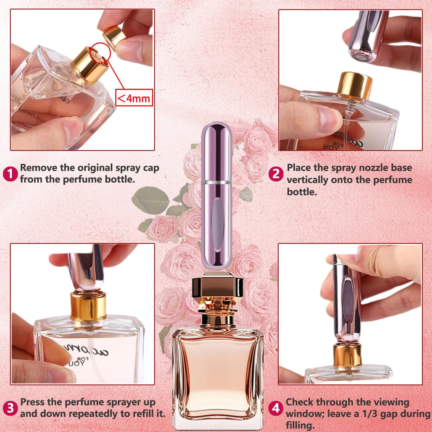 opasyo Refillable Perfume Portable Atomizer Bottle Refillable Perfume Spray, Leak-Proof Perfume Spray Bottle, Travel Perfume for Traveling and Outgoing (5ml, 4 Pack Silver/Pink/Blue/Black)