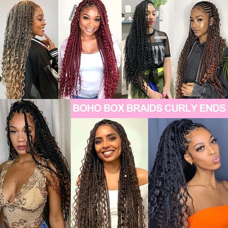 Unionbeauty 8 Packs Boho Box Braids 18 Inch Fluffy Bohemian Hippie Braids Distressed Goddess Box Braids Hair Curly Ends Pre-looped Crochet Hair Synthetic Braiding Hair Extension for Black Woman 1B#