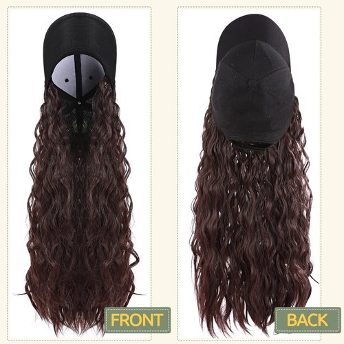 S-noilite 18" Baseball Cap Hats with Hair Attached Corn Wave Baseball Cap Wig with Hair Extension Adjustable Baseball Hat Wig for Women(18”-Corn Wave, Wine Red)