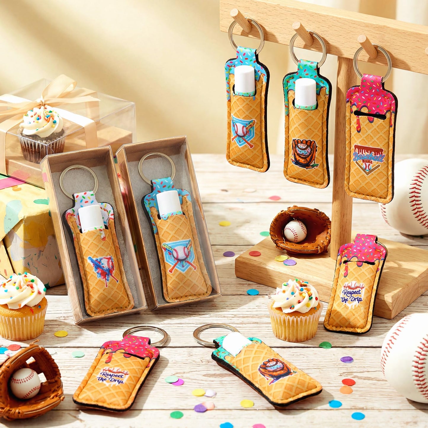 Siifert 50pcs/25 Baseball Drip Party Favors Gifts Bulk, Ice Cream Drip Baseball Lip Balm and Holder Keychain Ice Cream Softball Team Gifts Goodie Bags for Sports End of Season Team Teen Adult
