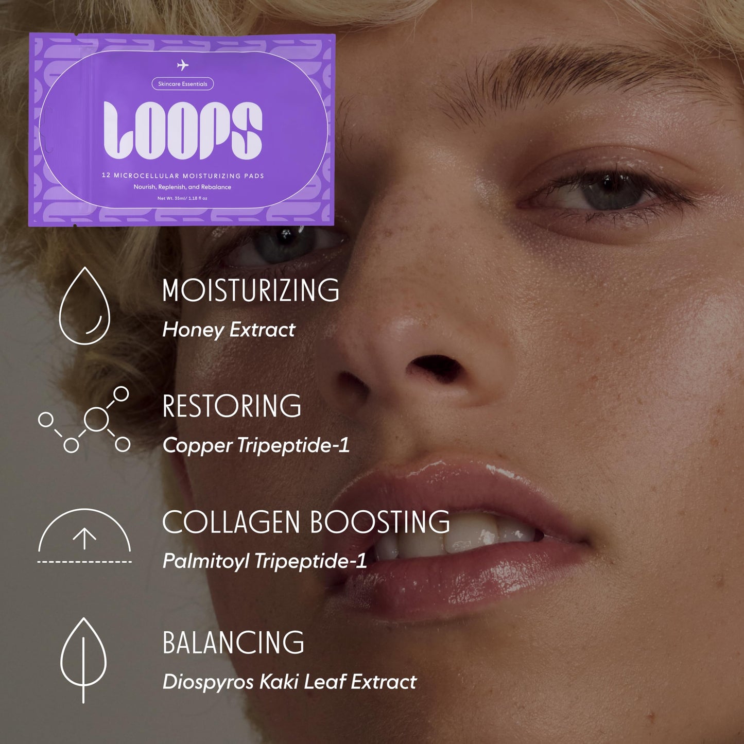LOOPS 4-Step Korean Skincare Essentials Kit with 12 Travel Vegan, Natural, Biodegradable Gentle Skincare Pads Each - Moisturizer, Toner, Peptide, and Milky Cleanser - Pre-soaked Bamboo Pads - 48