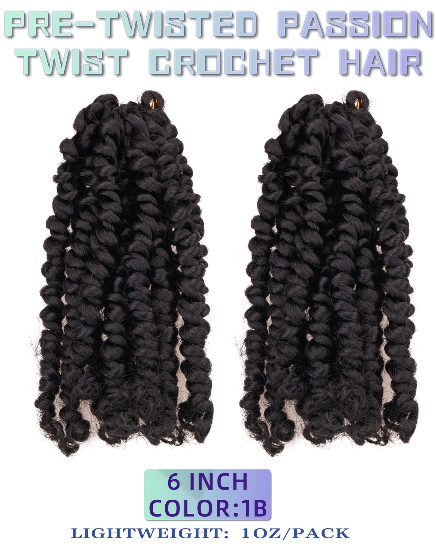6 Inches 2 Packs Super Short Passion Twist Crochet Hair for Black Women and Kids- Natural Black Pre Looped Pretwisted Crochet Hair,Soft Lightweight Hair Extension Braided by Synthetic Spring Kinky Twist Bohemian Curls(6"-2 Packs,1B)