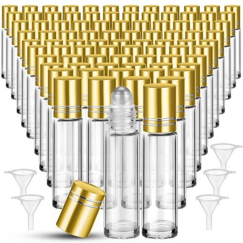 SEEWEY 96 Pcs Essential Oil Roller Bottles 10ml Empty Glass Roller Bottles with Stainless Steel Roller Balls Protection Leakproof with 5 Funnel for Travel Perfume Lip Gloss (Clear, Gold Lid)