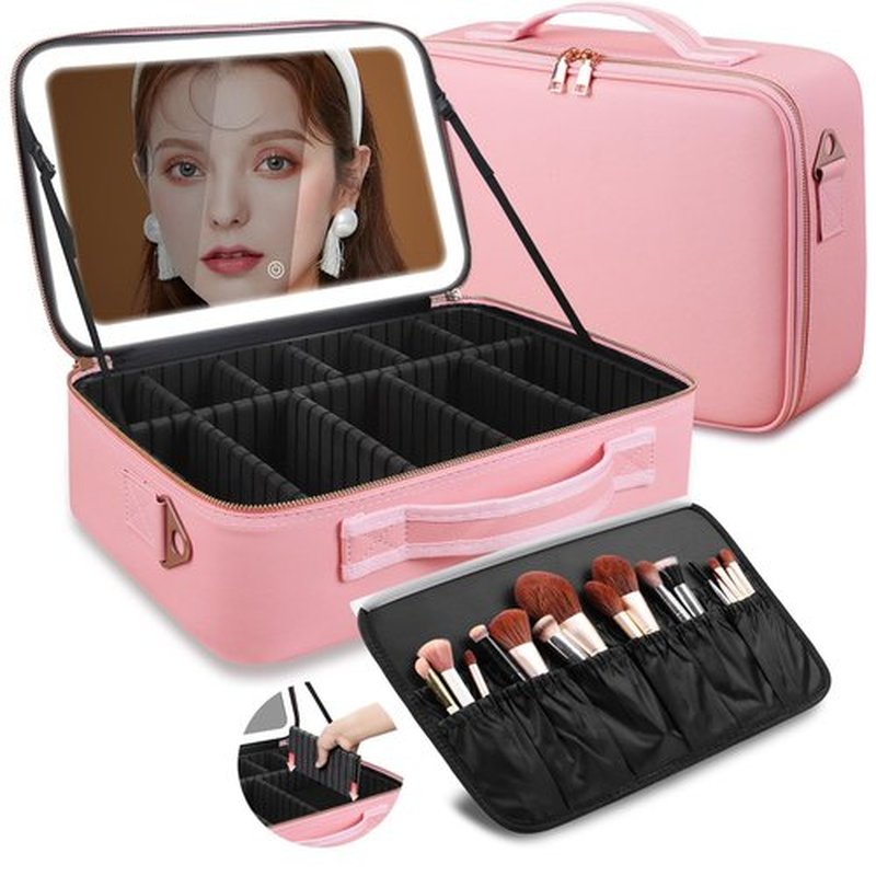 15“×11“ Large Pink Makeup Bag with Mirror, Personal Item Travel Bag with Makeup Mirror 3 Lights, Waterproof Train Case with Mirror and Light Adjustable Dividers,Large Professional Lighted Makeup Case