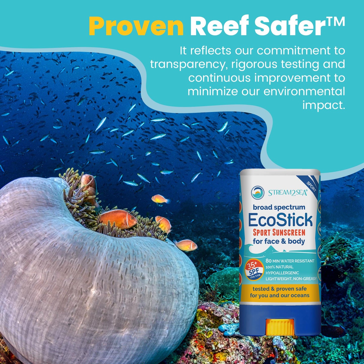 STREAM 2 SEA EcoStick SPF 35 Mineral Sunscreen Stick, Sweat Water Resistant Sunblock, USDA Approved Biodegradable Paraben Free Reef Safe Sunscreen Protection UVA UVB (EcoStick WildBlue) 0.5 oz