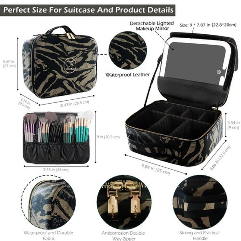 MOMIRA Makeup Train Case Makeup Bag with Light up Mirror Cosmetic Bag Organizer Detachable Portable Travel Makeup Case with Adjustable Dividers Makeup Brushes Storage, Waterproof,Zebra-Beige