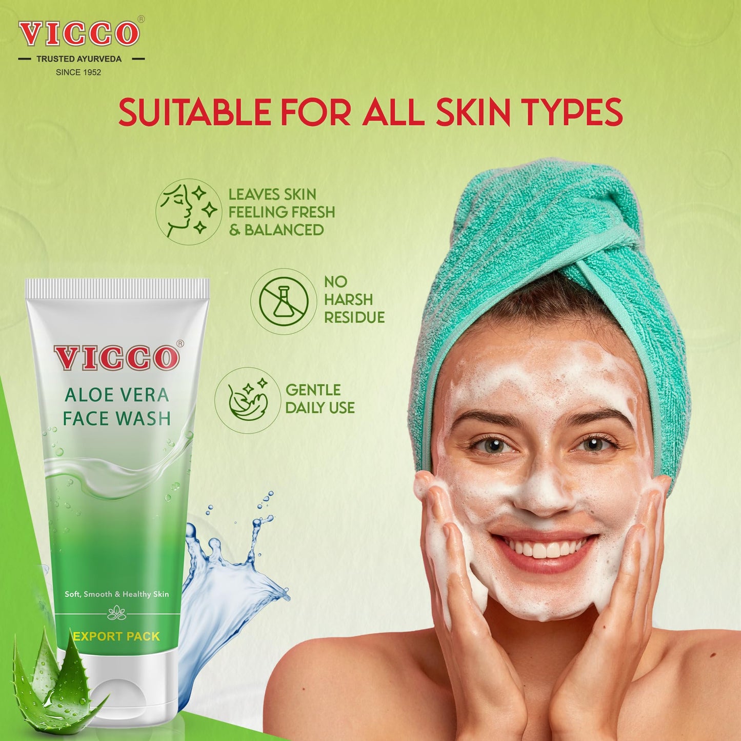 Vicco Aloe Vera Face Wash with Natural Aloe Extracts – 5.29 oz, Gentle Daily Cleanser for All Skin Types (Pack of 1)
