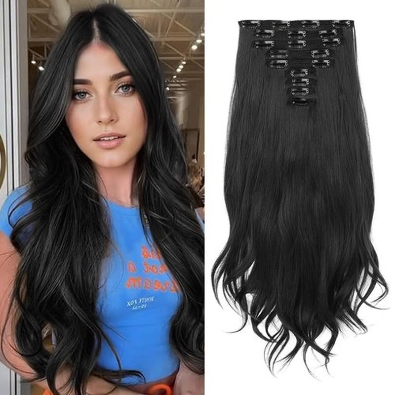 LONAI Clip in Hair Extensions, 9PCS Long Curly Wavy Layer Hair Clip Extensions, Synthetic Hair Extension Natural Soft Invisible Lace Hairpiece for Women Black