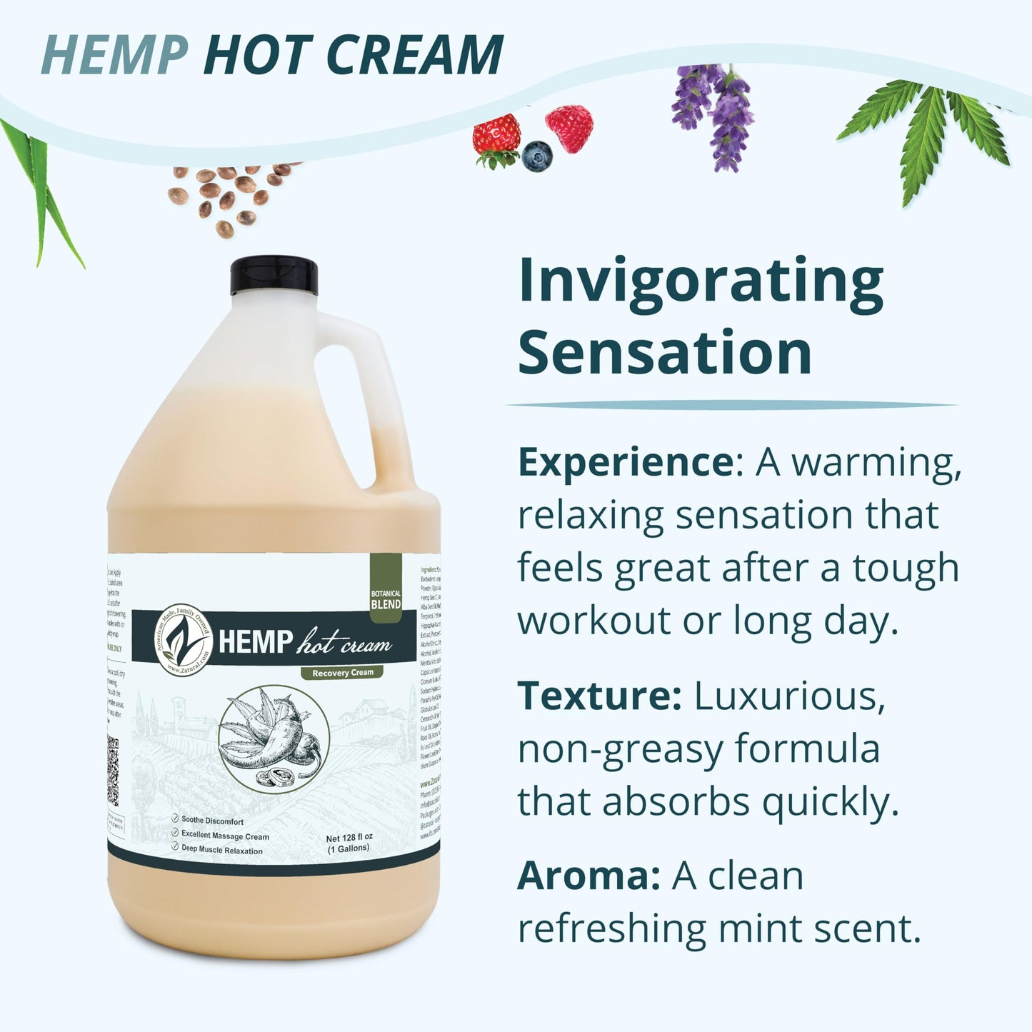 Zatural Hemp Hot Cream with Essential Oil Blend, Aloe, Hemp, and More (Gallon)