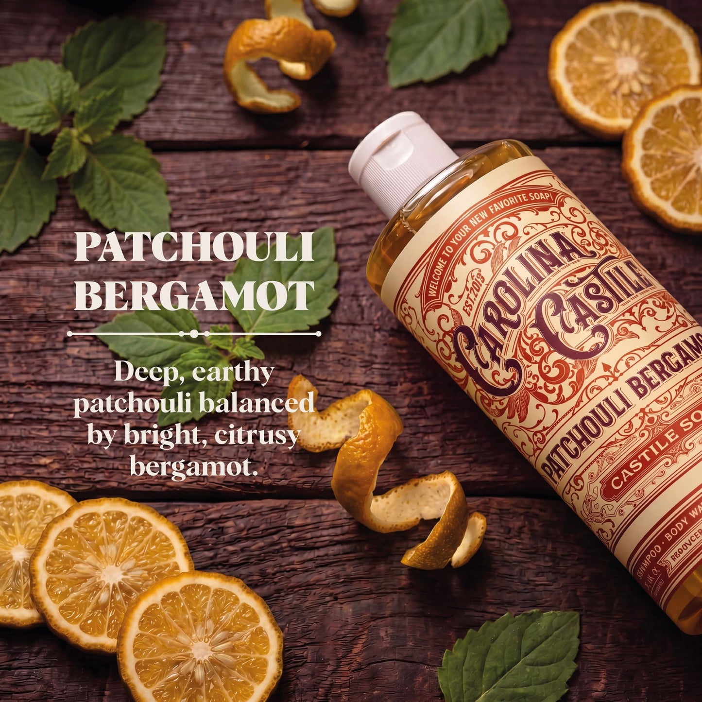 Carolina Castile Soap Patchouli Bergamot Scented Castile Soap - Certified Organic, High Olive Oil Content, Non-Drying, Made with Organic Oils, Concentrated Natural Soap for Men and Women