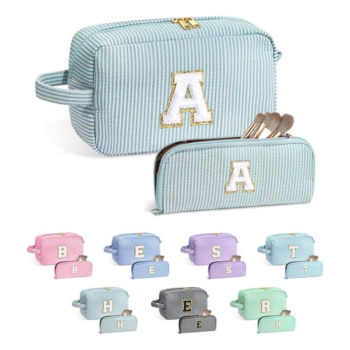 YOOLIFE Gifts for Women - Personalized Birthday Gifts for Women Her Mom Best Friend Bridesmaid Girlfriend Teacher, Monogram Initial Green Cute Makeup Bag Cosmetic Toiletry Pouch Bag Make Up Case A