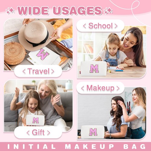 Small Initial Patch Makeup Bag Personalized Gifts Make Up Bag,White Cute PU Leather Glitter Letter Cosmetic Bag with Zipper,Trendy Portable Travel Toiletry Pouch,Preppy Stuff for Teen Girls Women M