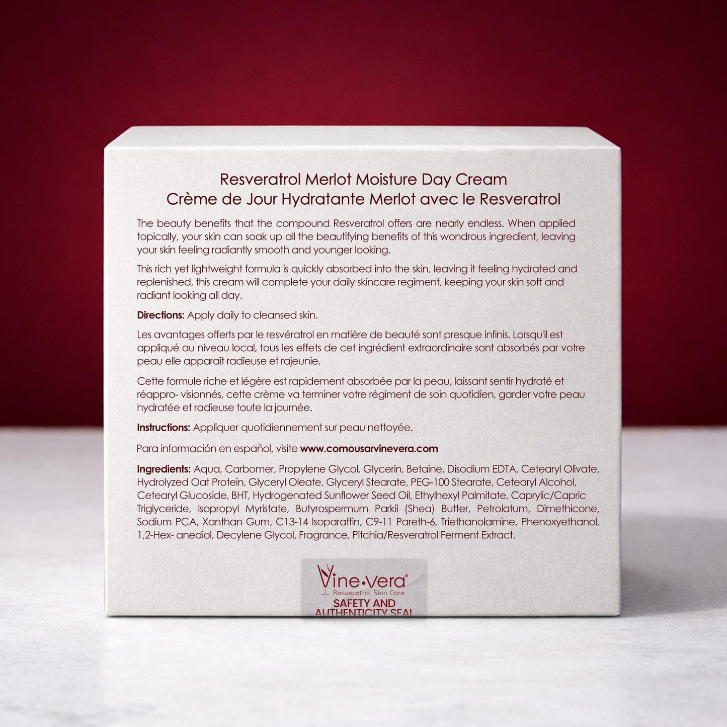 Vine Vera Merlot Day Cream - Hydrating, Fast-Absorbing, Non-Greasy - Resveratrol Face Moisturizer - Facial Cream For Dry, Normal, Mature Skin - With Shea Butter and Oat Protein - 1.83 Oz