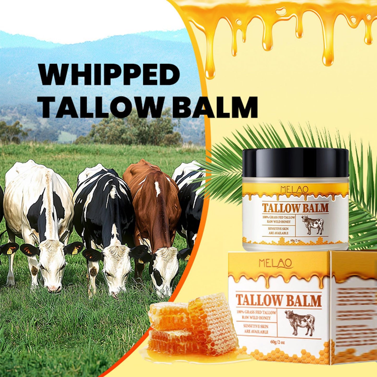 gcdat Whipped Beef Tallow and Honey Balm, Grass Fed Grass Finished Face Cream for All Skin Types - Grass-Fed Beef Tallow & Raw Wild Honey Blend - All-Natural Moisturizer for Face & Body, 2 OZ