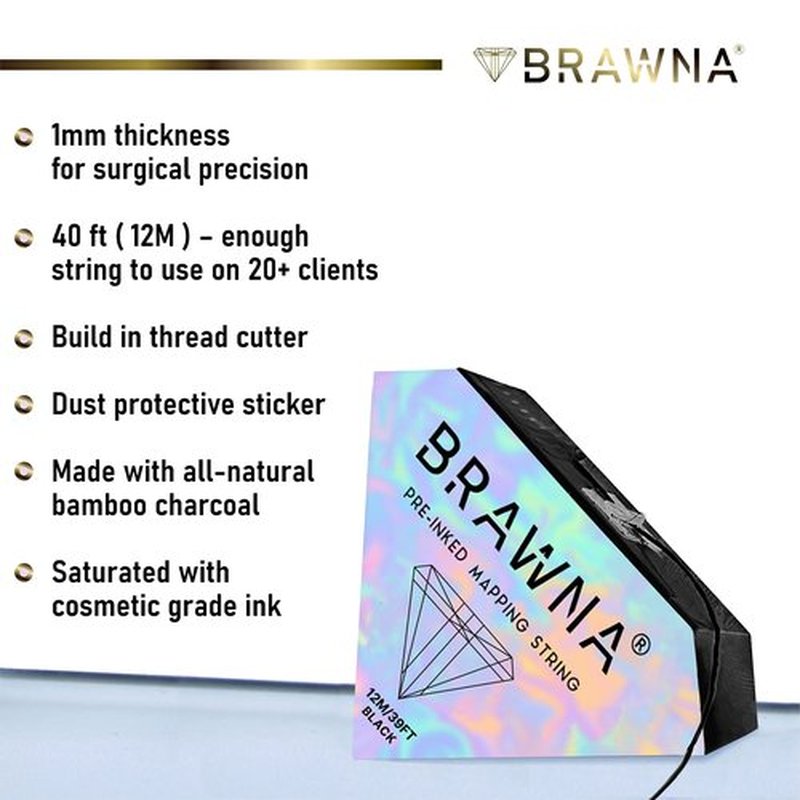 BRAWNA 30M (100 FT) Pre - Inked Mapping String for Eyebrow and Lip Measuring - Premium Microblading string - PMU Supplies - Inked Thread - Black