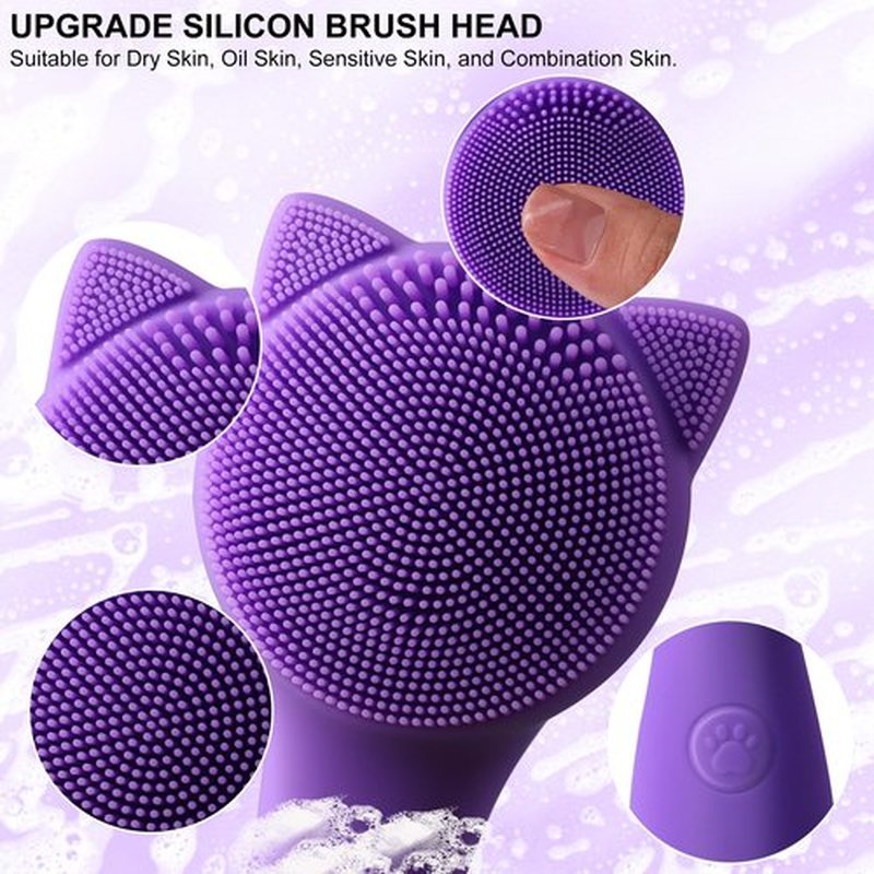 Facial Cleansing Brush, Silicone Face Scrubber Exfoliator for Men & Women, Electric Face Brush Waterproof, with 3 Speeds Adjustable for Deep Cleaning, Removing Blackhead, Face Massaging (Purple)