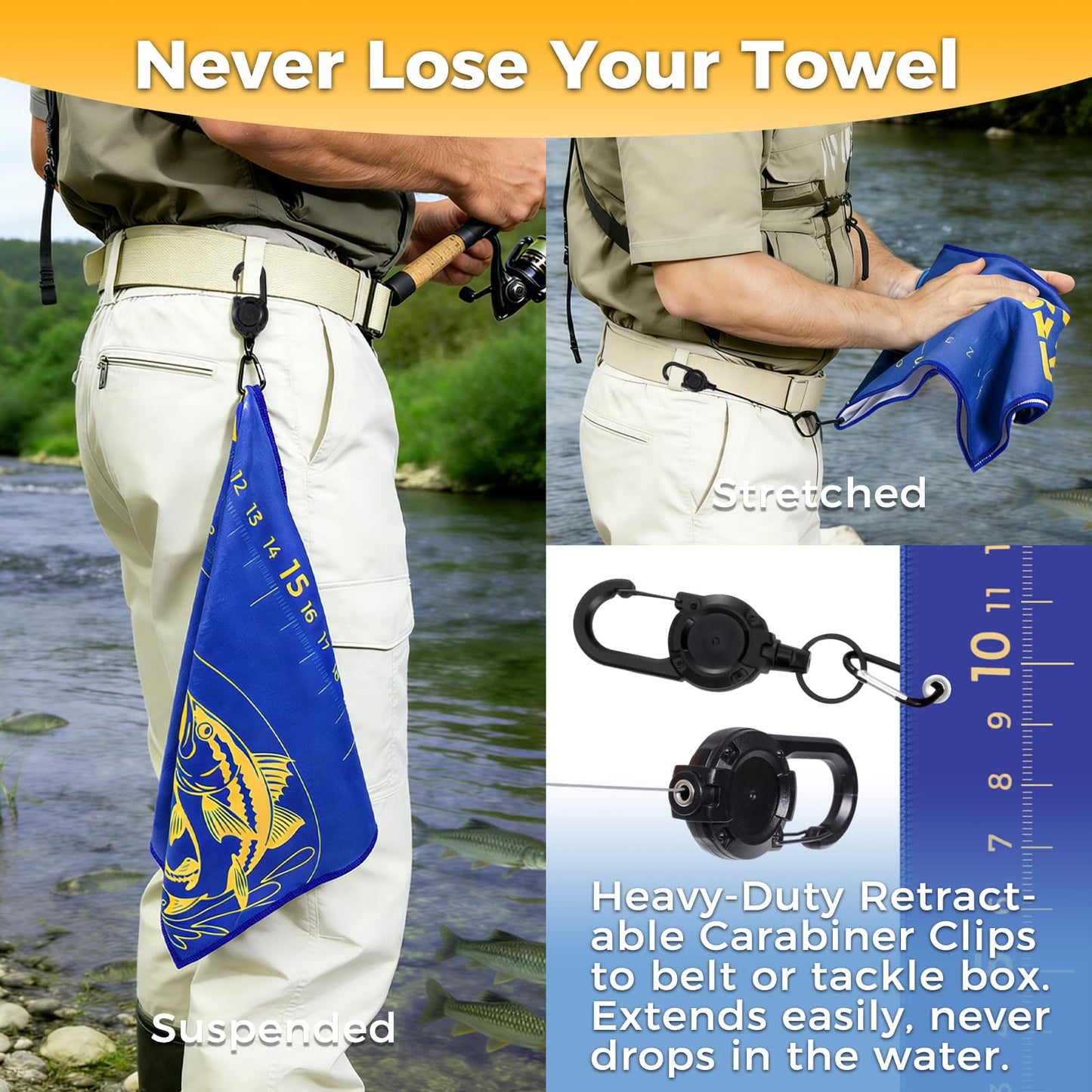 AUTUMNSWAN 2PCS Fishing Towel with Built-in Ruler and Retractable Carabiner Clip, 25.5" X9.8" Premium Microfiber Towel for Cleaning Hands & Tackle Gear, Bass Accessories, Fishing Gifts for Men Dad
