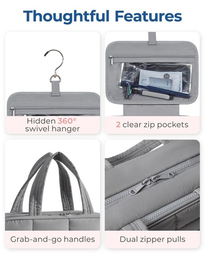 BAGSMART Travel Toiletry Bag with Jewelry Organizer, Hanging Travel Bag for Toiletries, Puffy Makeup Cosmetic Bag Organizer, Carry-on Travel Accessories Essentials, Grey-M